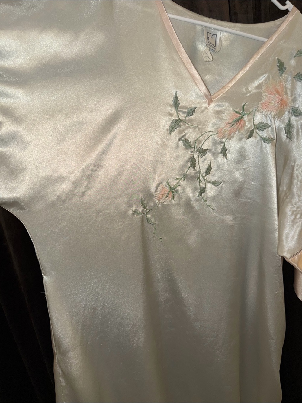 Silk-Look Pink & Cream Floral Embroidered Sleep Caftan - Picture 2 of 4